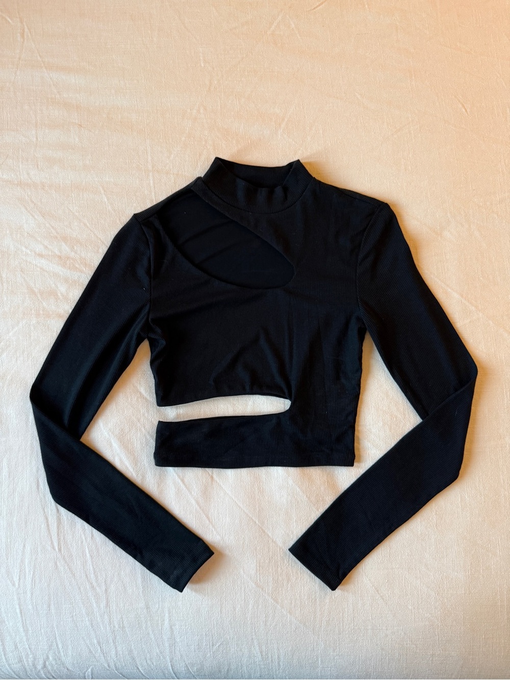 Black Long-Sleeve Cutout Crop Top